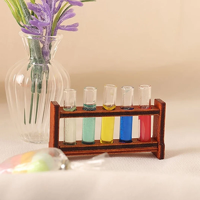 1Set Laboratory Glass Test Tubes with Wooden Rack Set 1:12 Dollhouse Miniature Accessory Decoration Ornament