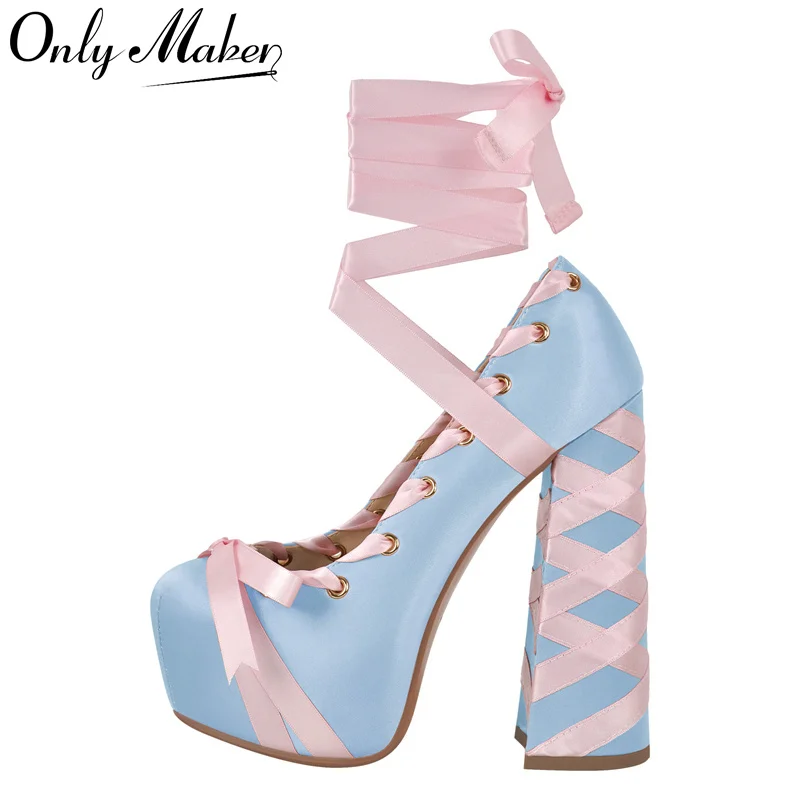 Onlymaker Womens รอบ Toe Platform ปั๊มโบว์น่ารัก Lolita Two-Toned บัลเล่ต์ LACE-up Hoof Chunky ส้นรองเท้า