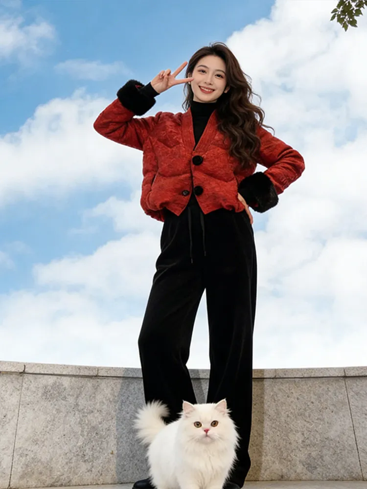 

Red ort down Cotton Jaet Women's Warm Sli Winter Outerwear Korean Sle V-Ne Thiened Fluffy Warmth Coat