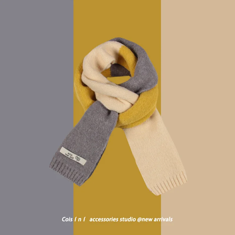 

Korean patchwork scarf for women, winter student versatile warm knitted scarf, high-end color-block knitted scarf
