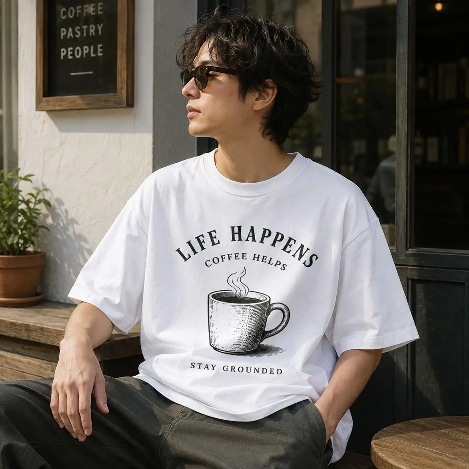 Life Happens Coffee Helps T Shirt Vintage Cup Print Stay Grounded Casual Streetwear vintage Washed homme Stretched