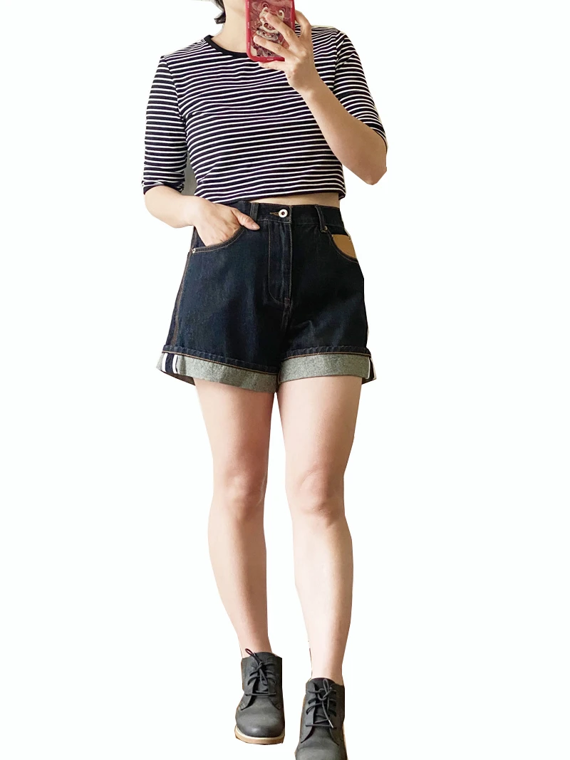 Short en jean taille haute pour femme, short décontracté, bleu foncé, bord roulé, cuir adt, lavé, abonnés, été, nouveau, 2024