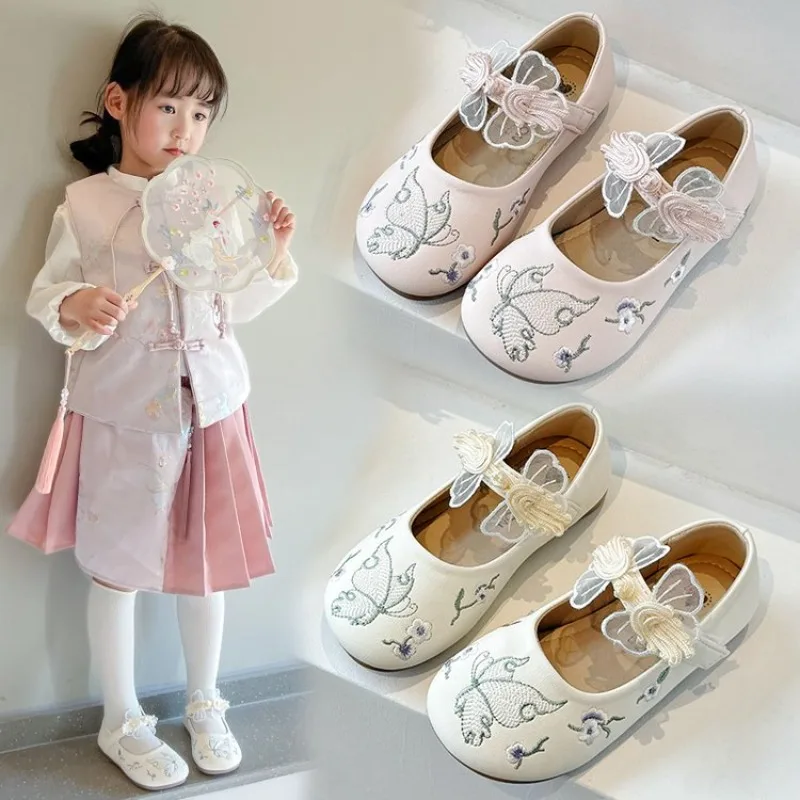 

Spring Autumn Kids Leather Shoe Embroider Butterfly Fashion Hanfu Princess Shoes for Girls Sweet Children's Flats Single Shoes