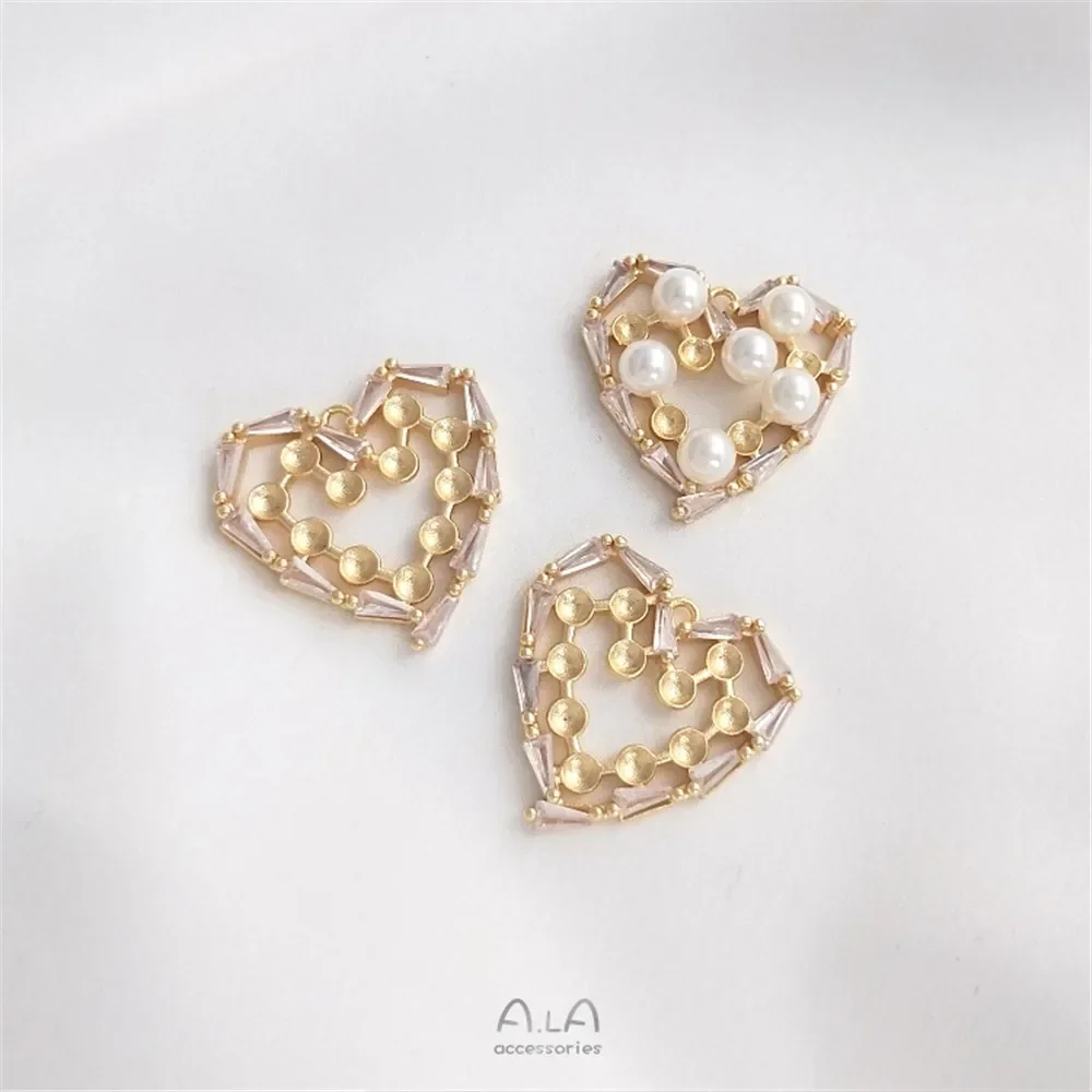 

Pearl Accessories 14K Gold Plated T Square Zircon Edge Peach Heart Small Bead Holder Pendant Diy Heart Pendant C085