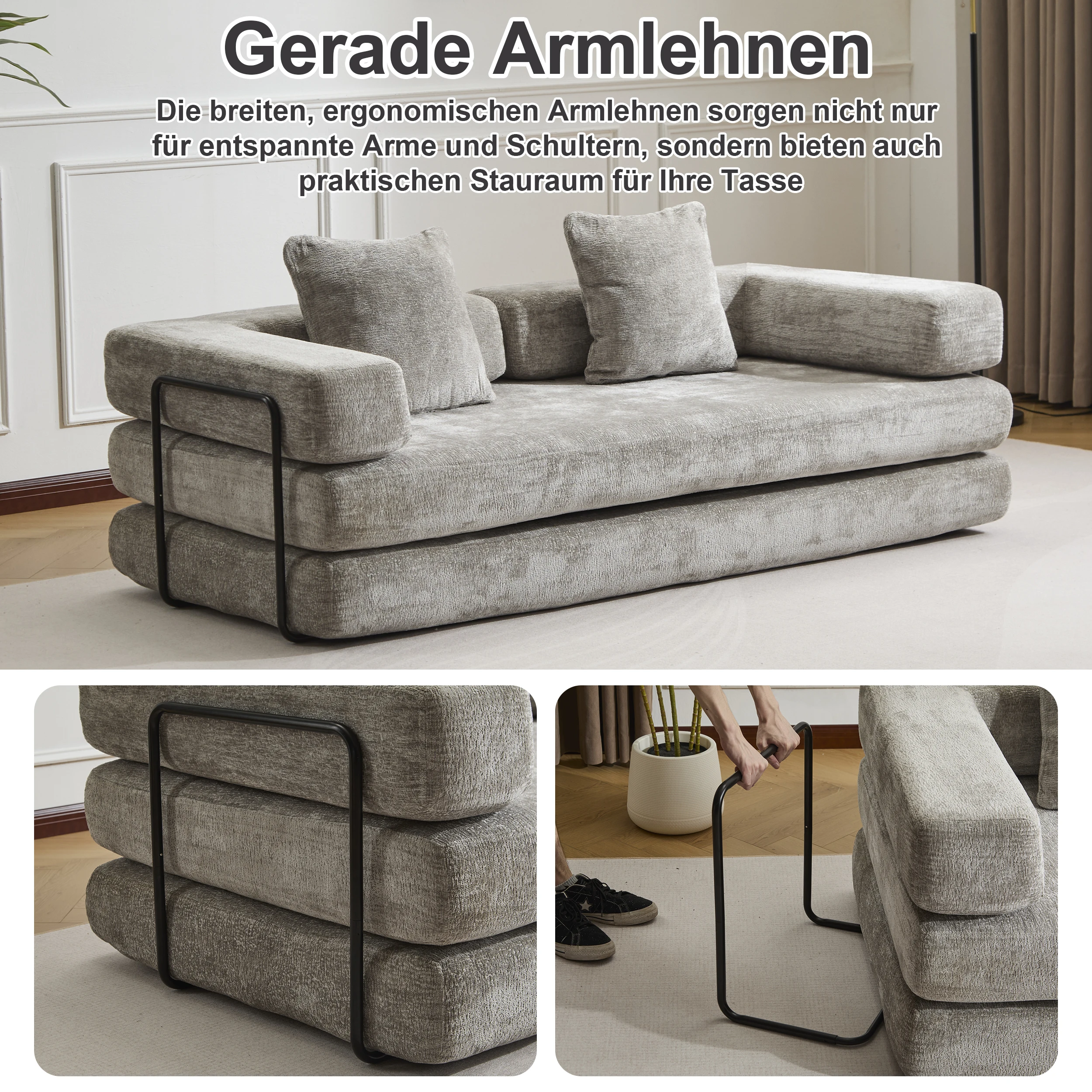 Sofá-cama compressível de chenille cinza claro, 3 em 1, sem necessidade de montagem, sofá de chão dobrável, sofá de loveseat macio para sala de estar