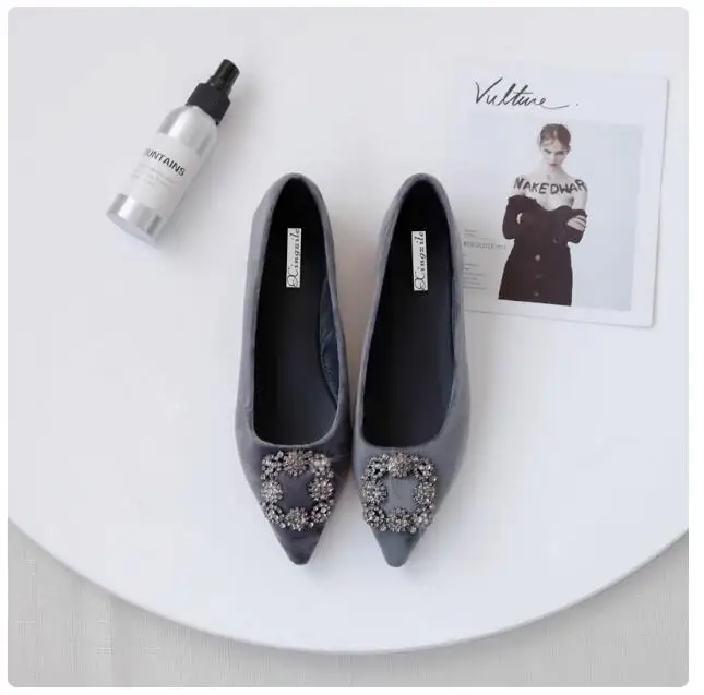 Female\'s Flock Pointy Toe Flats Rubber Sole square button rhinestone Wedding Shoes Flats Larger Sizes #31-46