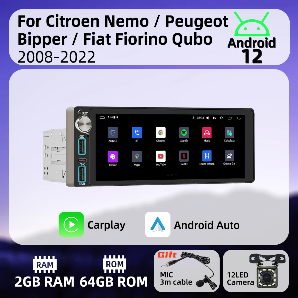 

Carplay 6.86" 1 Din Radio Android Car Multimedia for Citroen Nemo Peugeot Bipper Fiat Fiorino Qubo 2008-2022 Stereo Head Unit BT