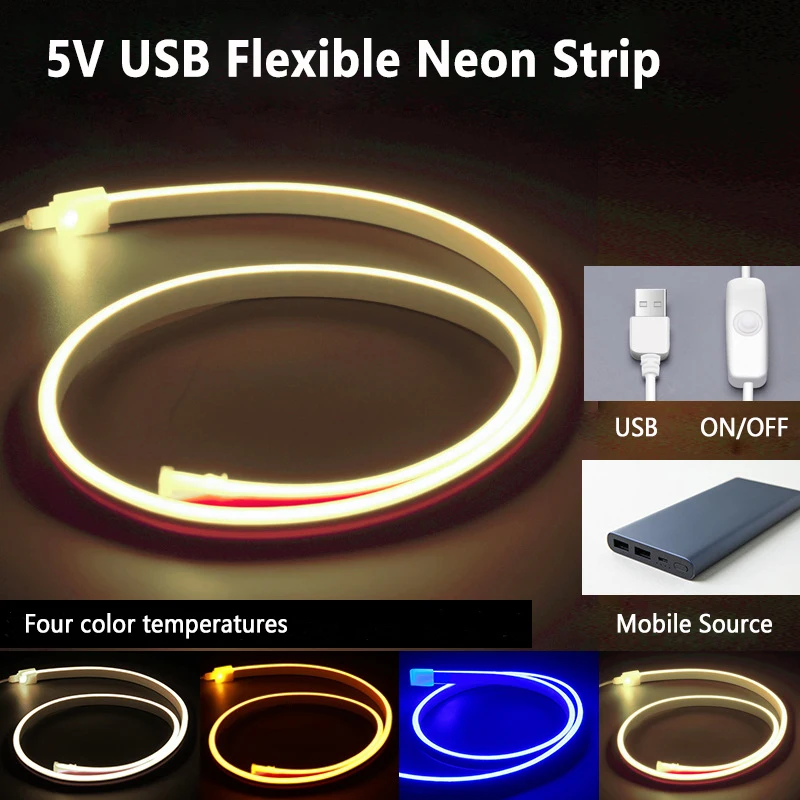 LED Flexible Neon Light Strip 5V Battery/USB Portable Light Belt IP65 Decorative Painting Advertisement Silicone Lines Lamp
