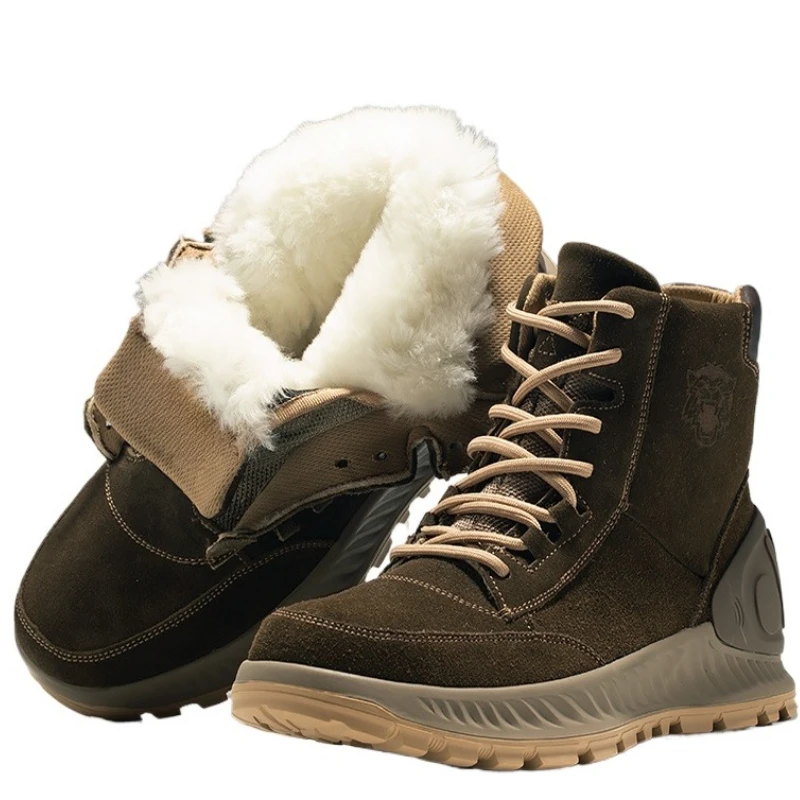 Winter Snow Boots Shoes for Men's Leather/Fur Wool One Piece Thickened Warm Wool Increase Shoes High Top Casual Cotton Shoes Man