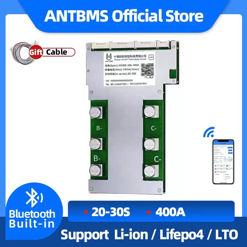 ANT BMS 20S 21S 22S 23S 24S 25S 26S 27S 28S 29S 30S Smart BMS 400A Peak 1000A Li-Ion LiFePo4 LTO Battery BT Built-in BMS Balance