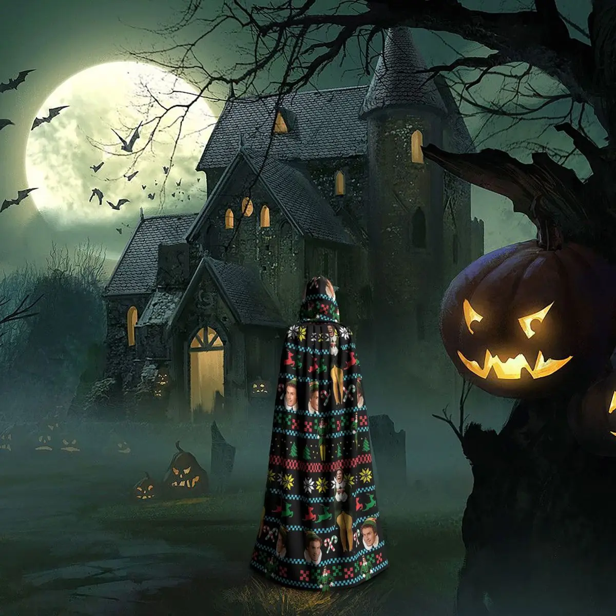 Buddy The Elf Ugly Christmas Sweater Design Long Hooded Cloak Witch Medieval Costume Cosplay Cape HalloweenCoat Adult Unisex