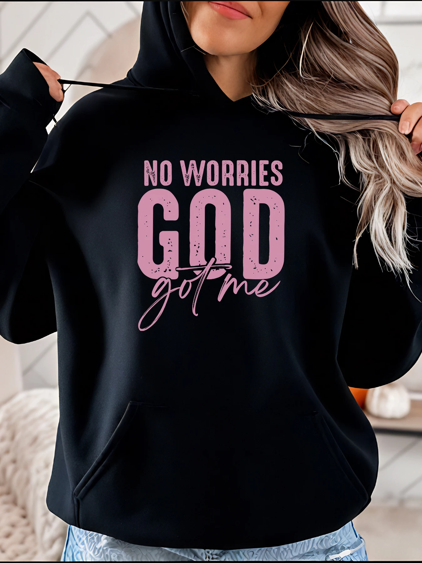 

【No Worries God Got Me】 Толстовка с принтом, повседневная женская толстовка свободного кроя, розовый типографский дизайн, вдохновленный веррой, повседневная одежда