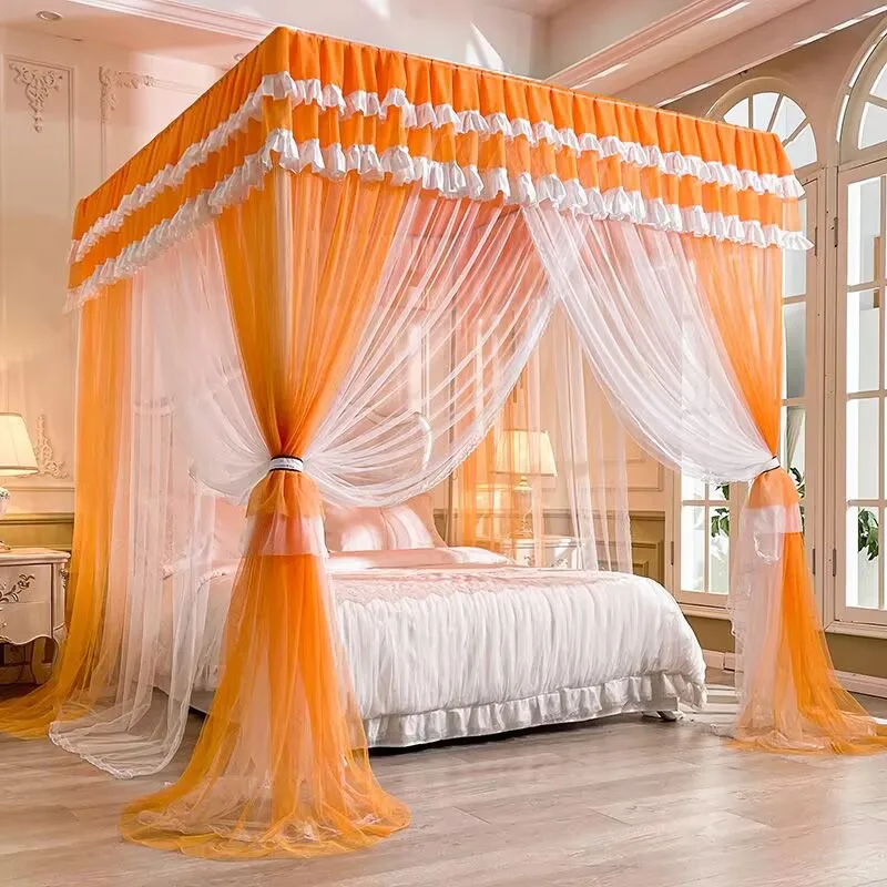Summer Four Door Gauze Curtain Mosquito Net No bracket ，Washable，Encryption Household Bedroom  Orange Double-layer Bed Curtain
