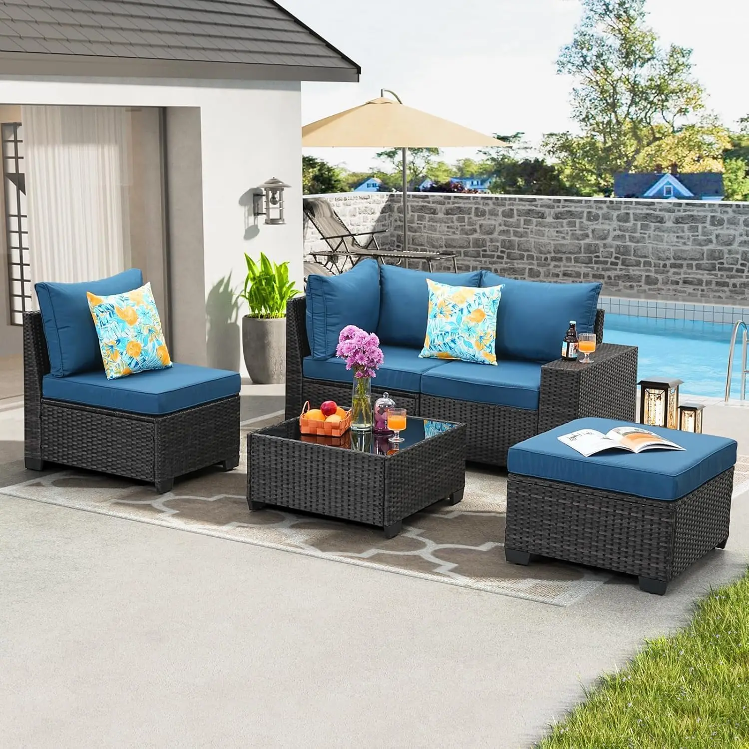 5-Piece Patio Furniture Set, All-Weather Outdoor Wicker Sectional Sofa with Cushions, Tempered Glass Table & Ottoman