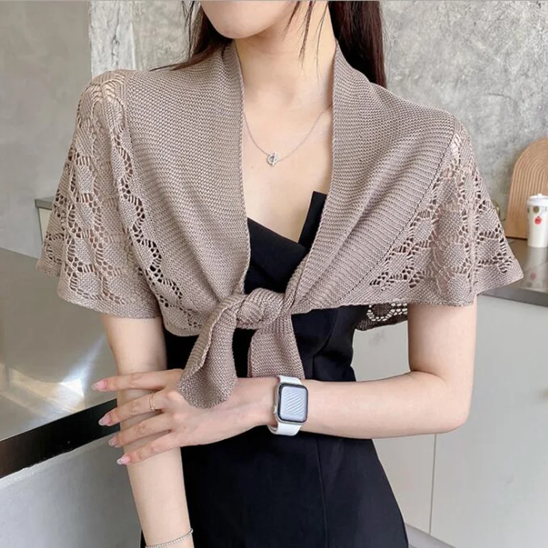 Korean Solid Honeycomb Crochet Lace Hollow Knit sunscreen Shawl Summer Air Conditioned Neck Protect Cross Cloak Women Scarf Q54