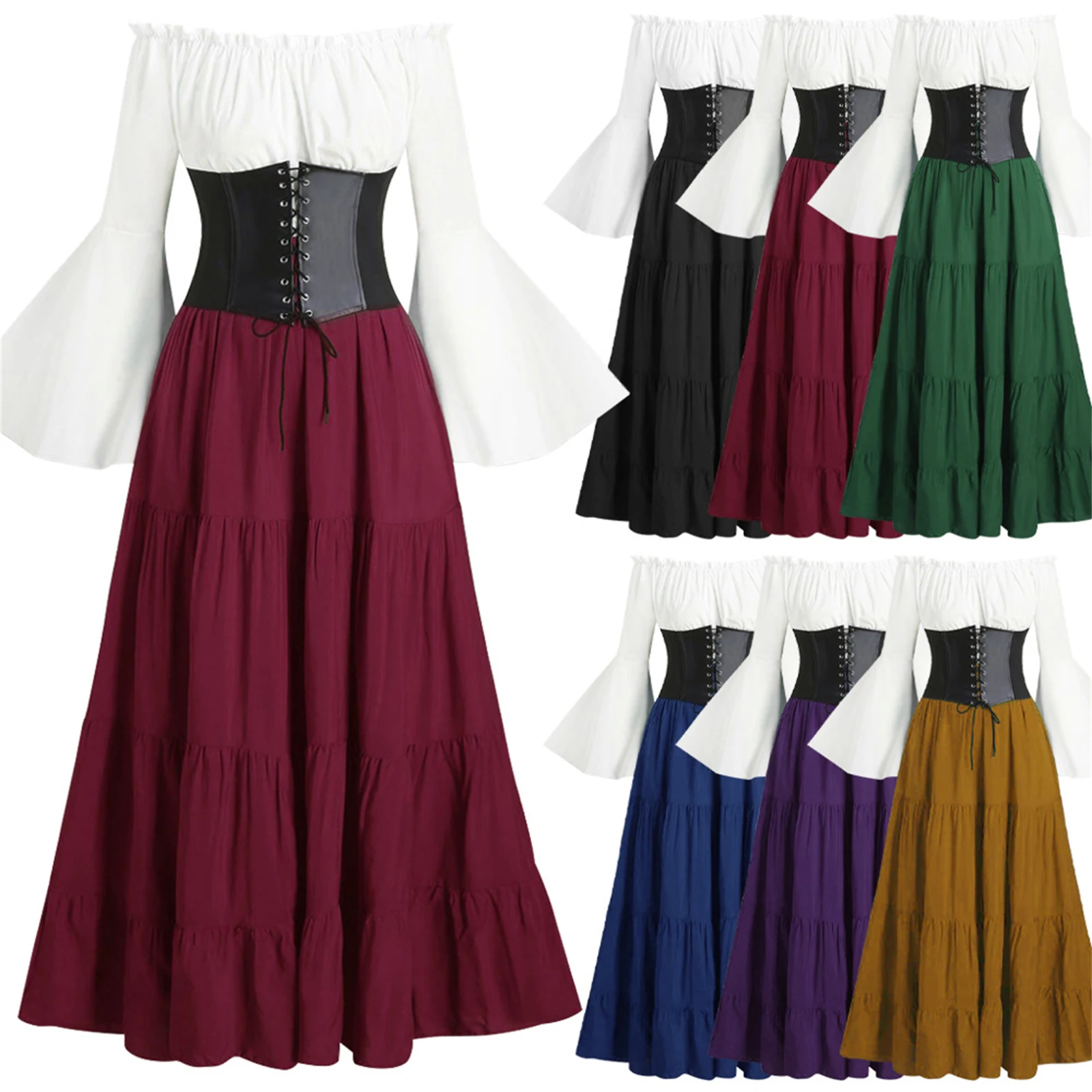 

Women'S Renaissance Dress Off Shoulder Flared Sleeve Peasant Skirt Black Waist Cincher Layered Skirt Women Medieval Pirate Dress