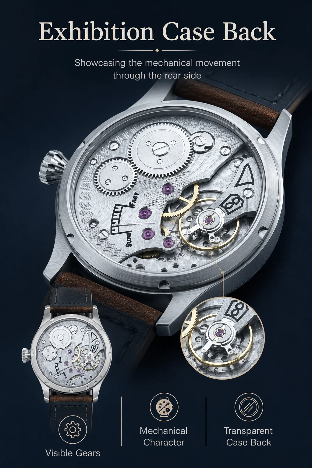 CORGEUT ST3621 Mechanische Handaufzugsuhr für Herren 42mm Saphirglas Vintage Pilotenuhr 316L Stahl Lederarmband Kleine Sekunde – Detail 7