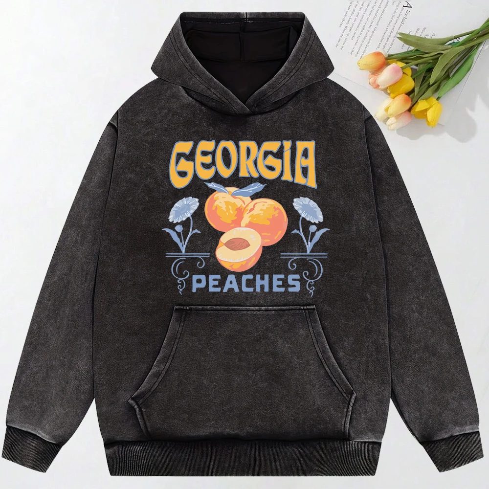 Peaches Creative Cartoon Printed Washed Hoodie Autumn Fashion Streetwear All-Match Loose Top Cotton Hip Hop Hoody Unisex