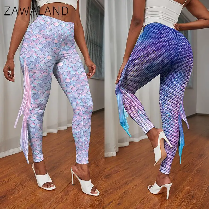 

Zawaland Sexy Leggings For Women Color Fish Scales 3D Print Tights Cosplay Party Trousers Ladies Casual Elastic Bottom Pants