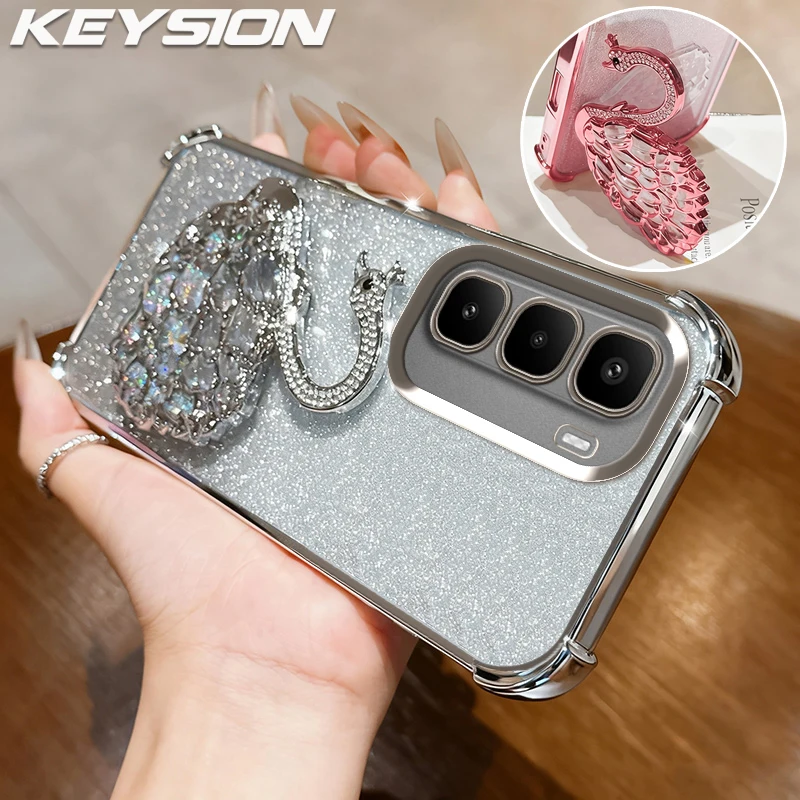 

KEYSION Shockproof Plating Phone Case for Infinix Hot 60 Pro+ Hot 60 5G 60i 4G Clear TPU Glitter Jewelled Swan kickstand Cover
