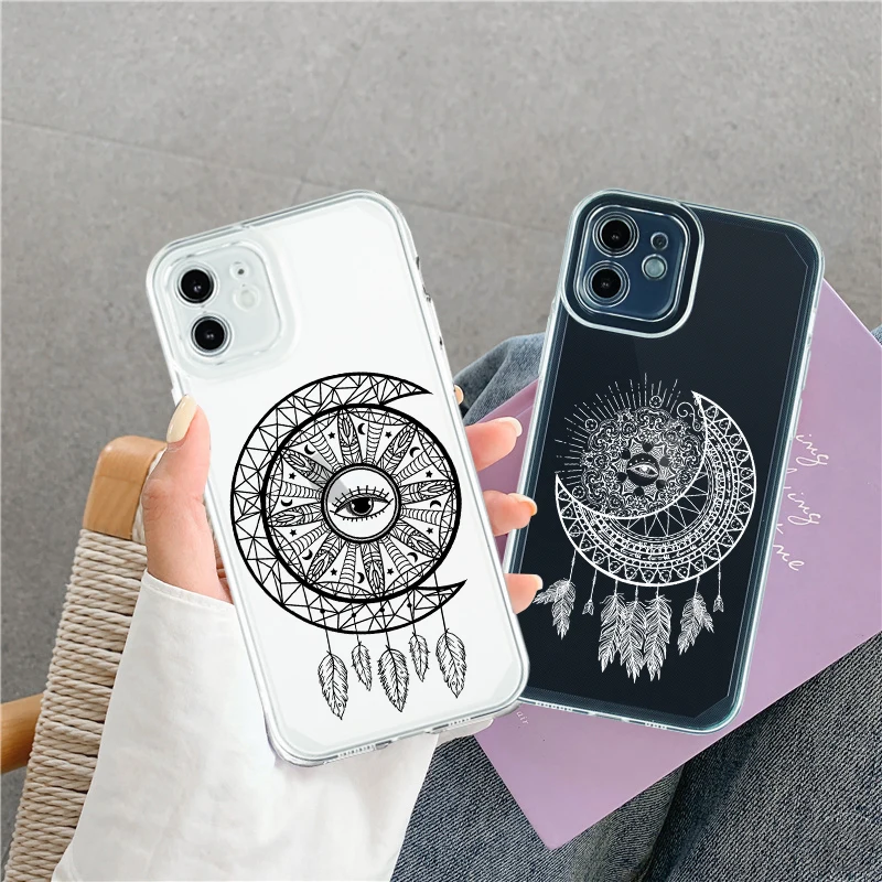 Transparent Indian Black&White Color Sun Moon Dream Catcher Phone Case for iPhone11 12 13Pro Max X XR XS 7 8 Plus SE22 Soft Case