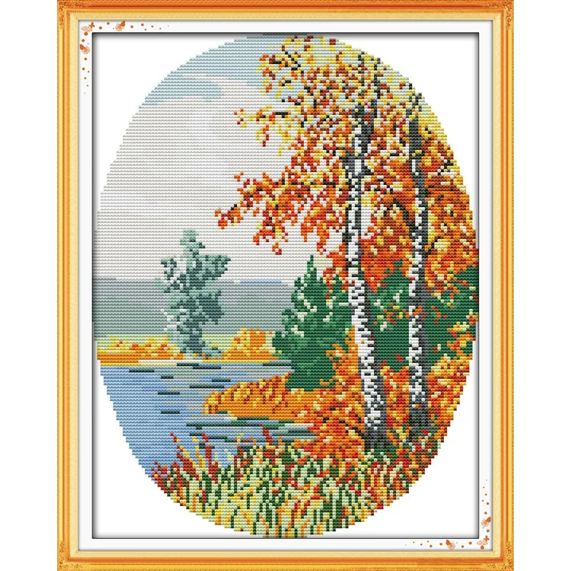 

Soulgift News Набор для вышивки крестом с предварительной печатью, штампованная ткань Аида с нитками DMC, набор для вышивания - сельский пейзаж (осень)