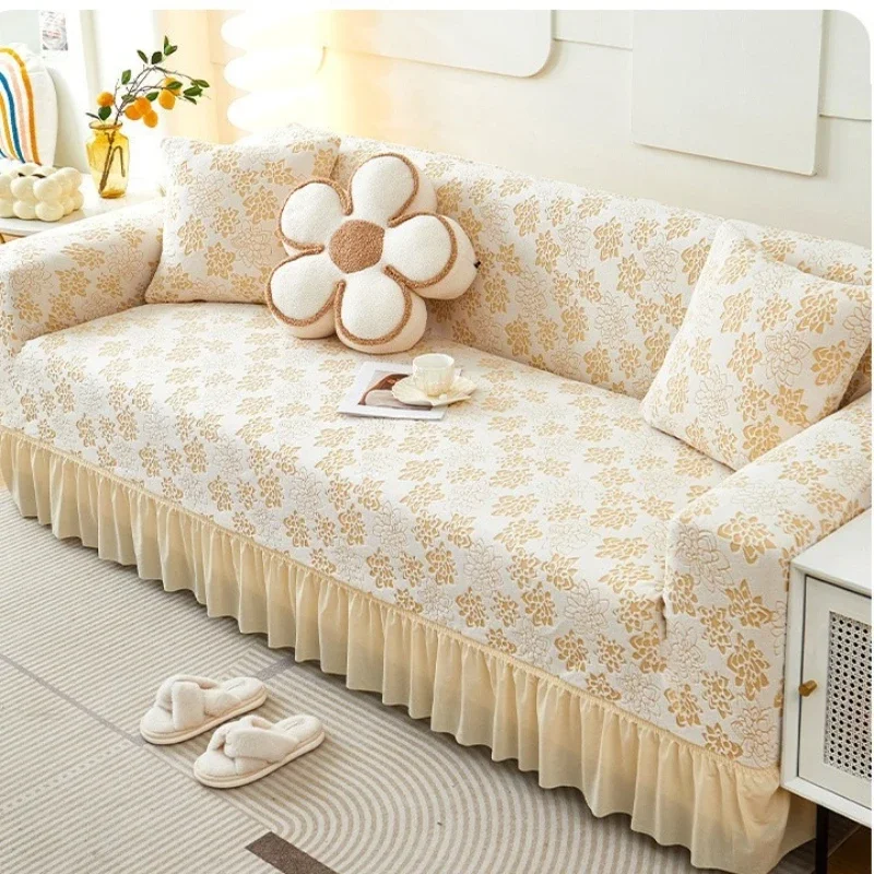 1 PC Jacquard Sofa Cover with Skirt Splash Can Be Easily Removed Couch Cover Protector of Bench with Armrest Plant Pattern