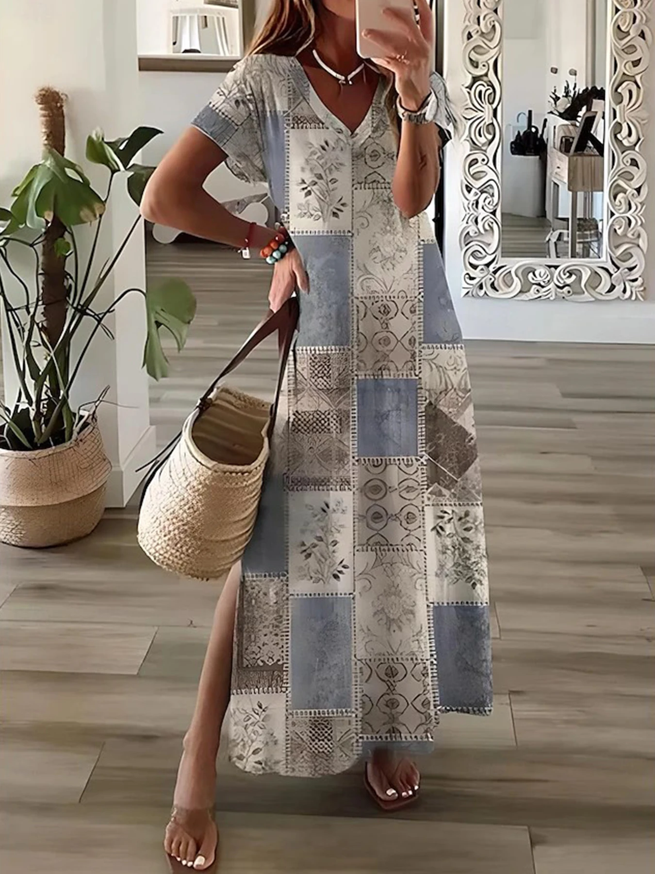 Damen-Maxikleid, lässig, kurzärmelig, T-Shirt-Kleid, V-Ausschnitt, Sommerkleid mit Seitenschlitz, A-Linie, grafisches Pulloverkleid für den Trend