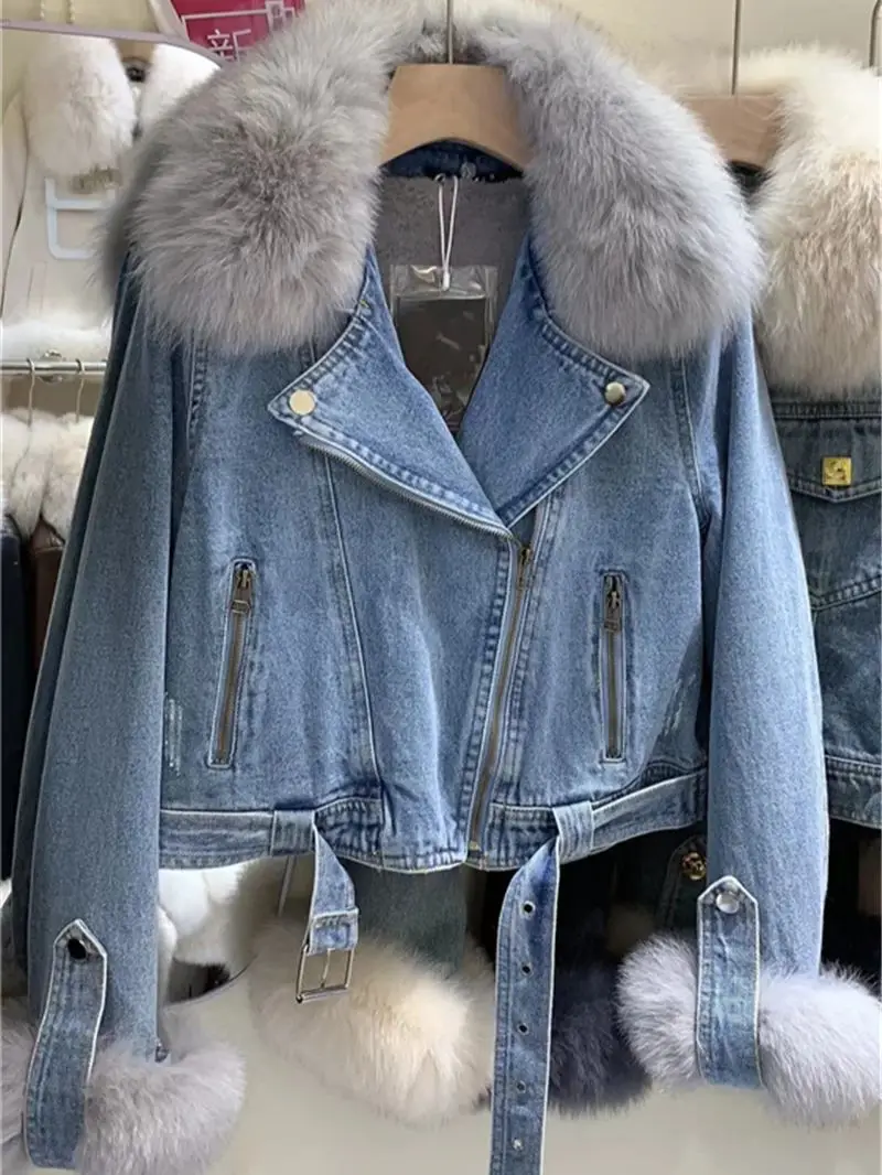 2023 Winter New Fox Fur Collar Detachable Plush Liner Denim Parkas for Women Short Denim Jacket Cotton Coat Female Outwear Y4556