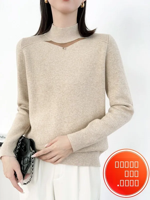 سترة نسائية منسوجة من الدانتيل مبطنة Fce بياقة عالية ملابس داخلية حرارية لخريف وشتاء 2025 سترة جديدة فضفاضة محبوكة... #5