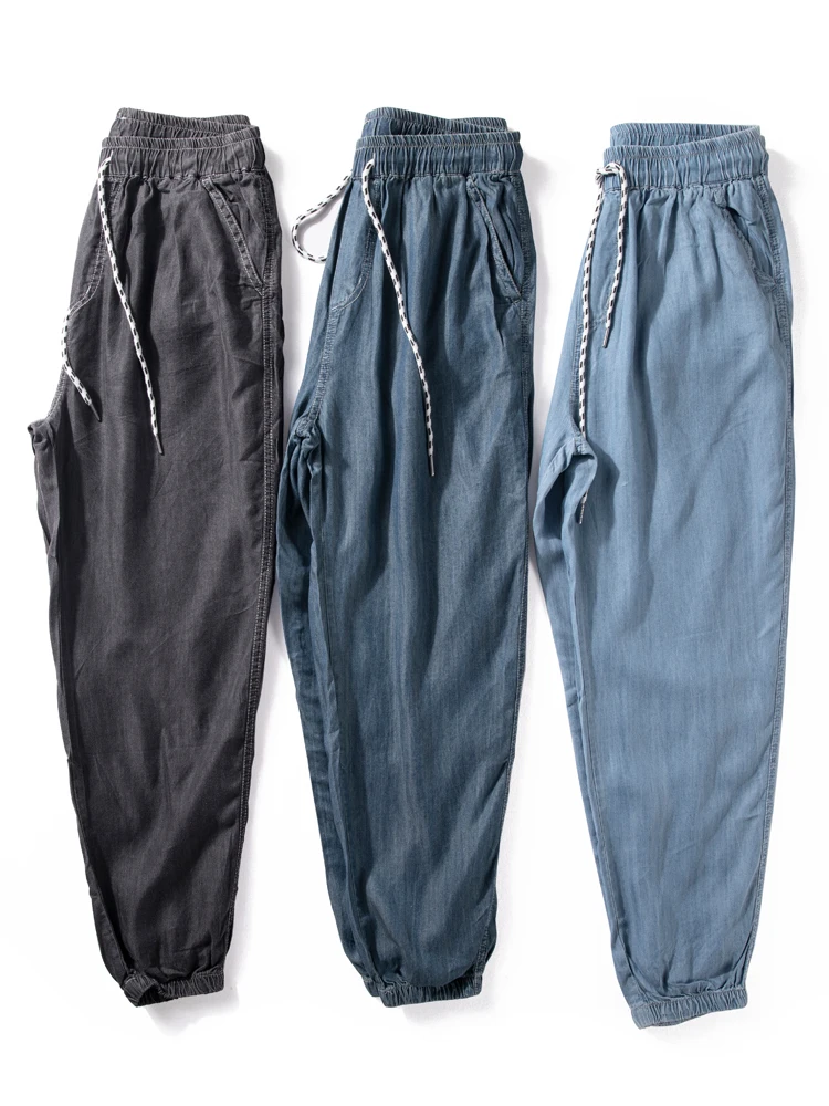 

Мужские летние легкие повседневные джинсы свободного кроя с эластичным поясом, прямые джинсовые брюки, модные летние джинсы