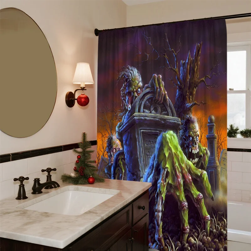 Zombie Graveyard Shower Curtain, Horror Halloween Pattern Waterproof Bath Curtain, Scary Cemetery Bathroom Decor for Men