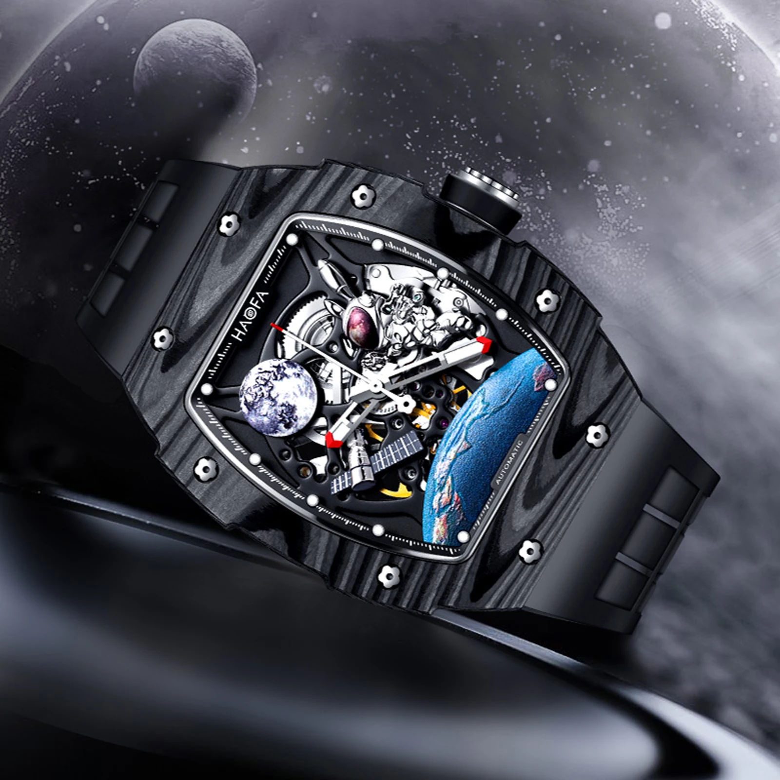 Haofa Automatic Hollow Carbon Fiber Watch for Men 3D Moon Rabbit Mechanical Watch Luminous Interstellar Spaceship Men Watch 1986