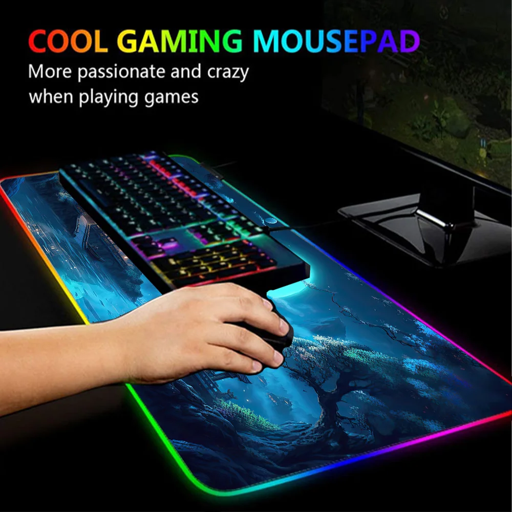 Imagem -02 - Azul Mousepad com Led Backlit Mouse Pad Rgb Desk Mat Fantasia Paisagem Gaming Setup Acessórios Sala Gamer 90x40 120x60