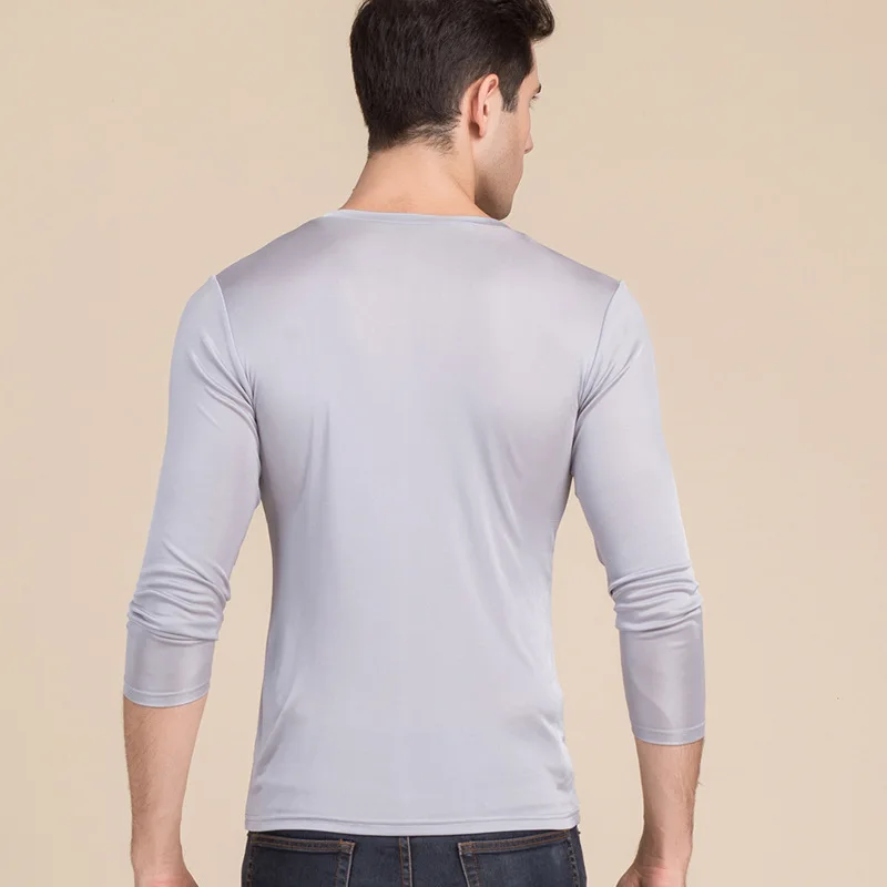 Men's Pure Silk V Neck Long Sleeves Long Johns Top Thermal Underwear Tops Warm Underwear Top Size L XL XXL