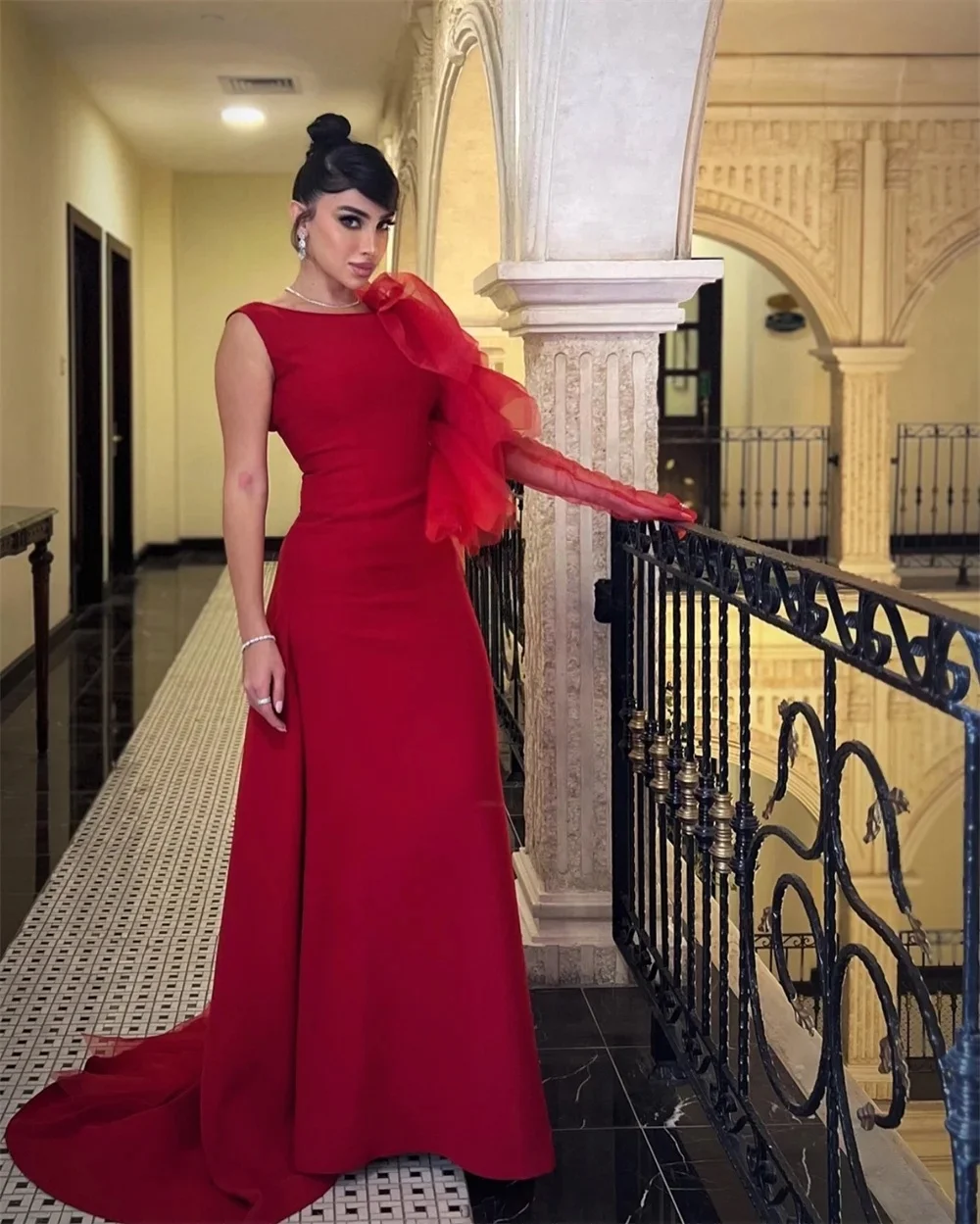 

Red One-shoulder Long Bespoke Occasion Gown Evening Dresses Pastrol Unisex Jersey Retro Dubai Saudi Arabic Prom Customized