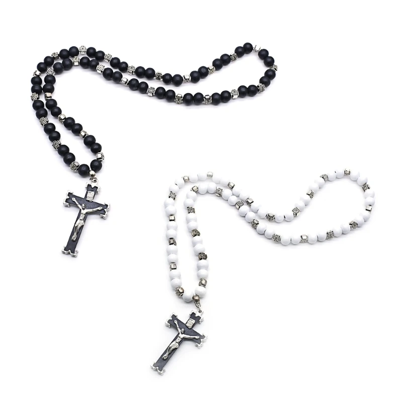 

Handmade Cross Rosary Necklaces Catholic Wood Bead Pendant Chain for Men Women Unisex Prayer Religious Meditation Gift