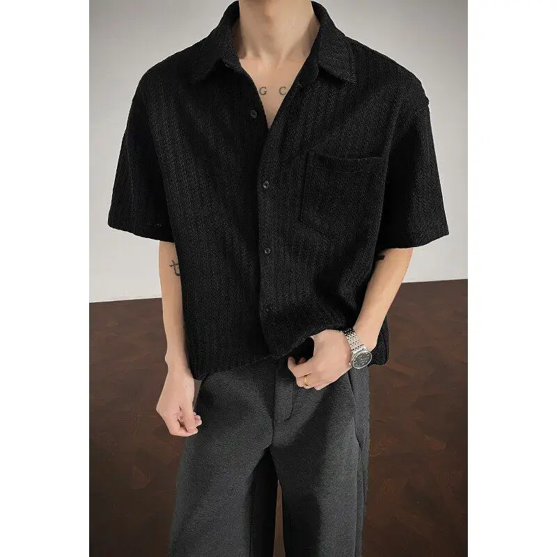 Fishbone pattern short-sleeved shirt for men - young adult summer lightweight jacquard shirt, American trendy brand, loose fit,