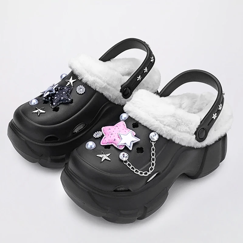 Winter Women Warm Sandals Star Chain Decoration Slippers Flat Fur Platform Comfortable Sandal Non-slip EVA Fashion Shoes 34-41