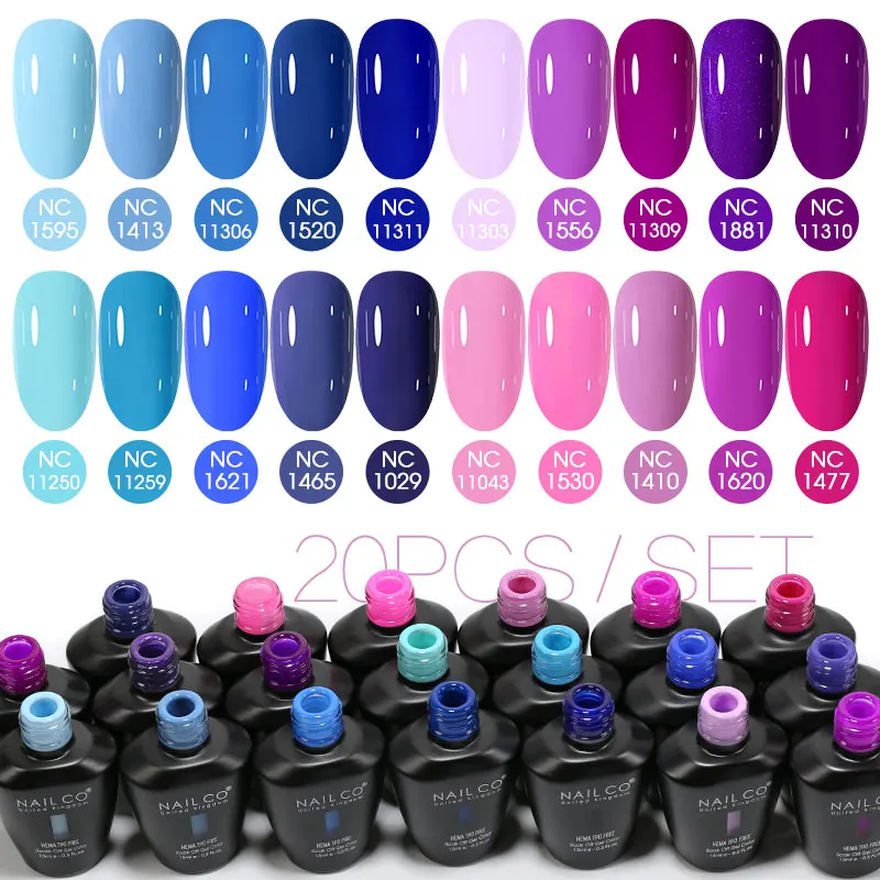 

Набор гель-лаков NAILCO 15 мл, 20 шт./компл., синий цвет, УФ-гель для ногтей, полуперманентный LED-гель-лак, смываемый, для маникюра и нейл-арта