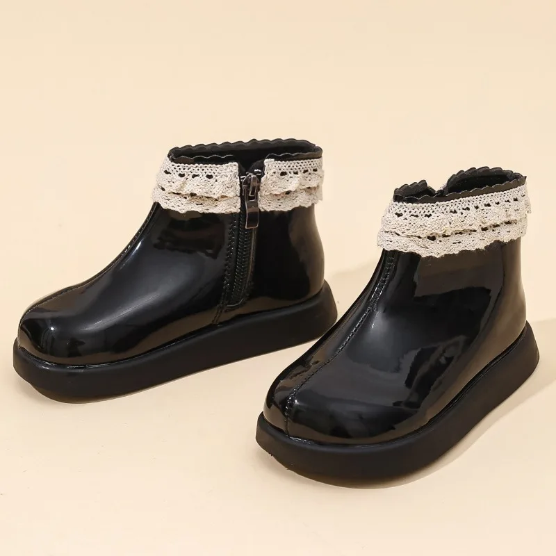 Kids Short Boots Sweet Lace Side Zipper Girls Ankle Boots Soft Bottom 2026 Autumn Winter Children Leather Boots Non-slip