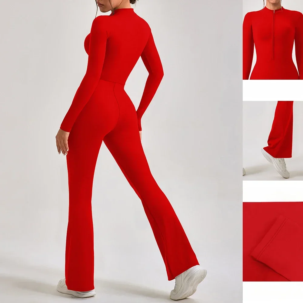 Zipper long sleeved long pants micro flared jumpsuit slim fit women's hip lifting exercise fitness yoga suit sportswear gym set