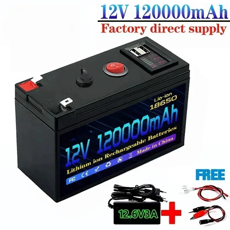 12V Battery 120Ah 18650 Lithium Battery Pack Rechargeable Battery for Solar Energy Electric Vehicle Battery+12.6v3A Charger