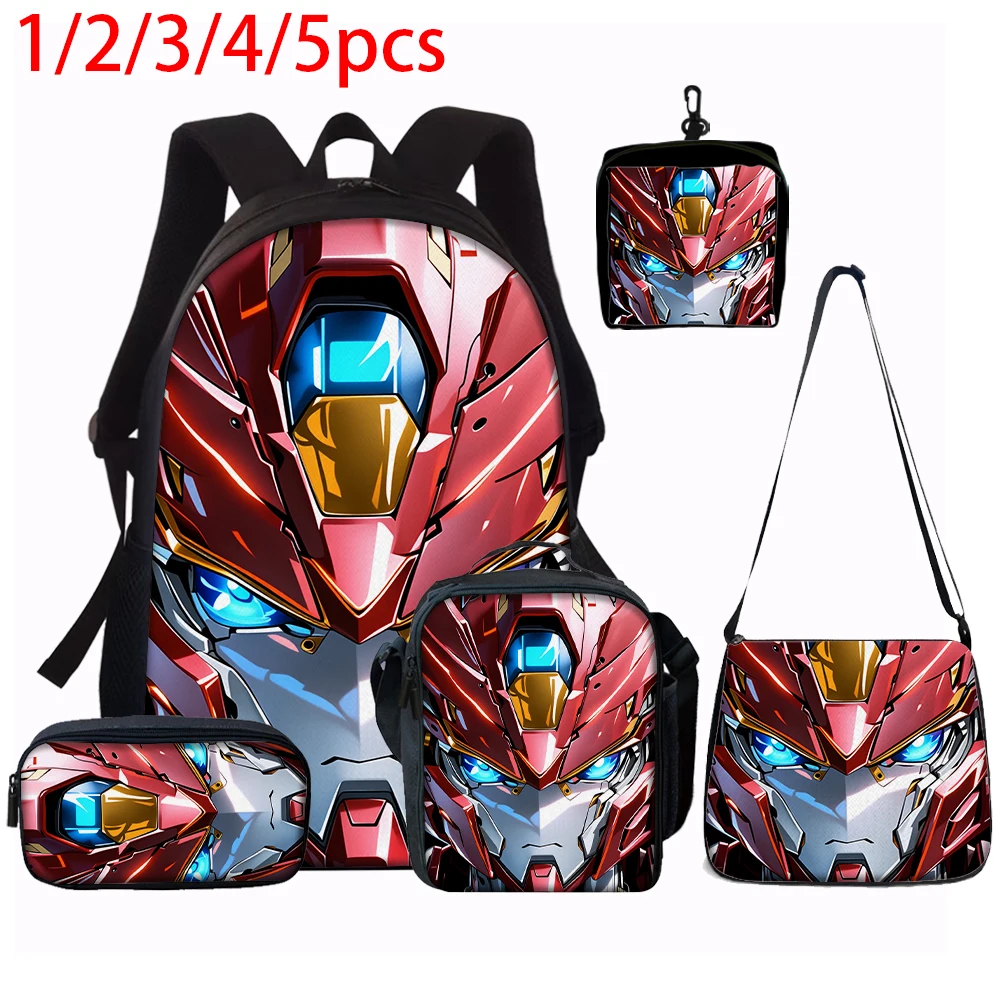 1/2/3/4/5PCS Cartoon Robot Print Backpack Set | Roomy Large-Capacity Backpack | Perfect for Student School & Daily Travel