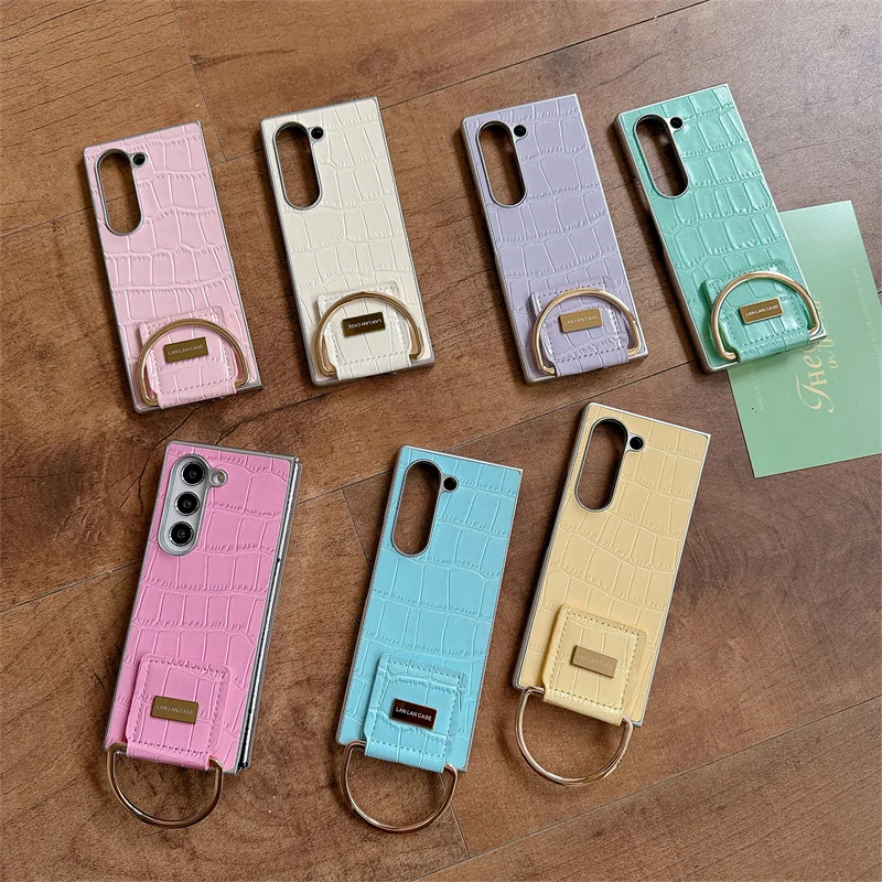 Fashion Candy Color Leather Phone Case For Samsung Galaxy Z Fold 7 6 5 4 3 Fold6 Fold5 ZFold7 Cover with Ring Cases Cute Funda