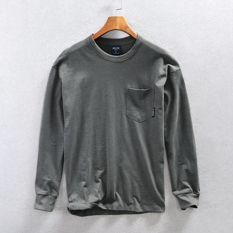 

Z9001 Autumn Men's Long Sleeve T-shirt Solid Color Simple Japan Style Fashion O-Neck Tees Casual Loose Basic Minimalist Pullover