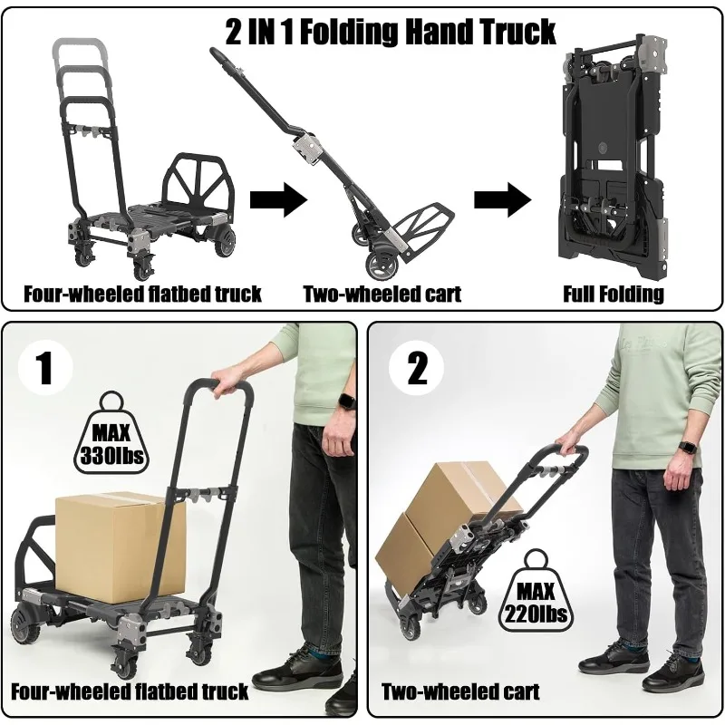 2 in 1 Folding Hand Truck Dolly with Basket Folding Dolly Cart with Wheels,Folding Hand Truck Dolly Cart