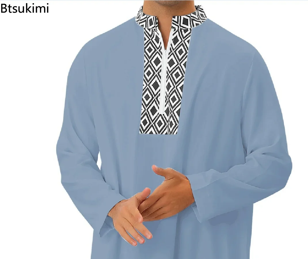 2024 Moslim Mode Mannen Losse Gewaad Ramadan Eid Arabische Dubai Pocket Rits Shirt Gewaad Abaya Jubba Thobes Kaftan Islamitische kleding