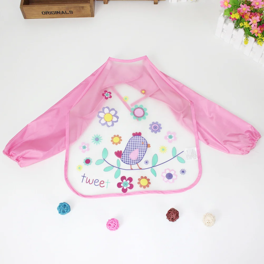 

2Pcs Waterproof Baby Bibs Long Sleeve Kids Art Aprons for Painting Drawing Cooking Cartoon Design Red Strawberry Pink Bird