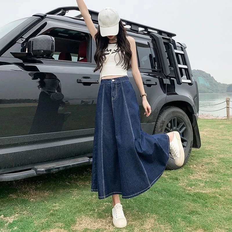 GC 2026 New Long Skirts Women Spring Summer Casual High Waisted Jean Skirt Ladies Splicing A-Line Ruffle Denim Skirt
